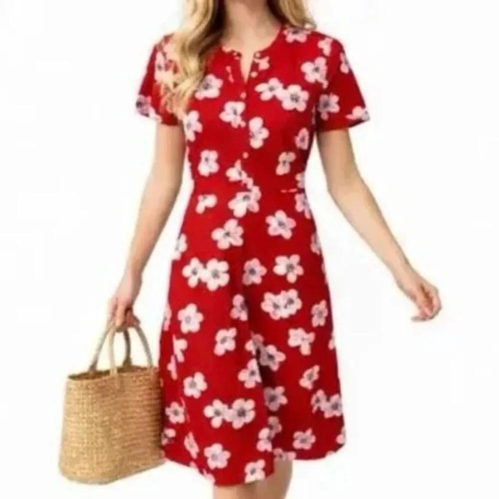JCrew Size 2 Hibiscus Print Wrap Dress Red Summer Tropical Floral Hawaiian Beach
